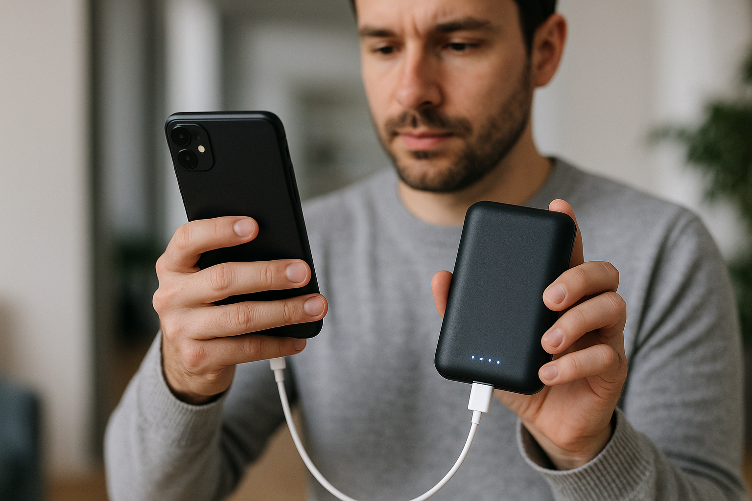 ik wil een man zien die een powerbank gebruikt en je moet goed zien dat hij dat gebruikt 